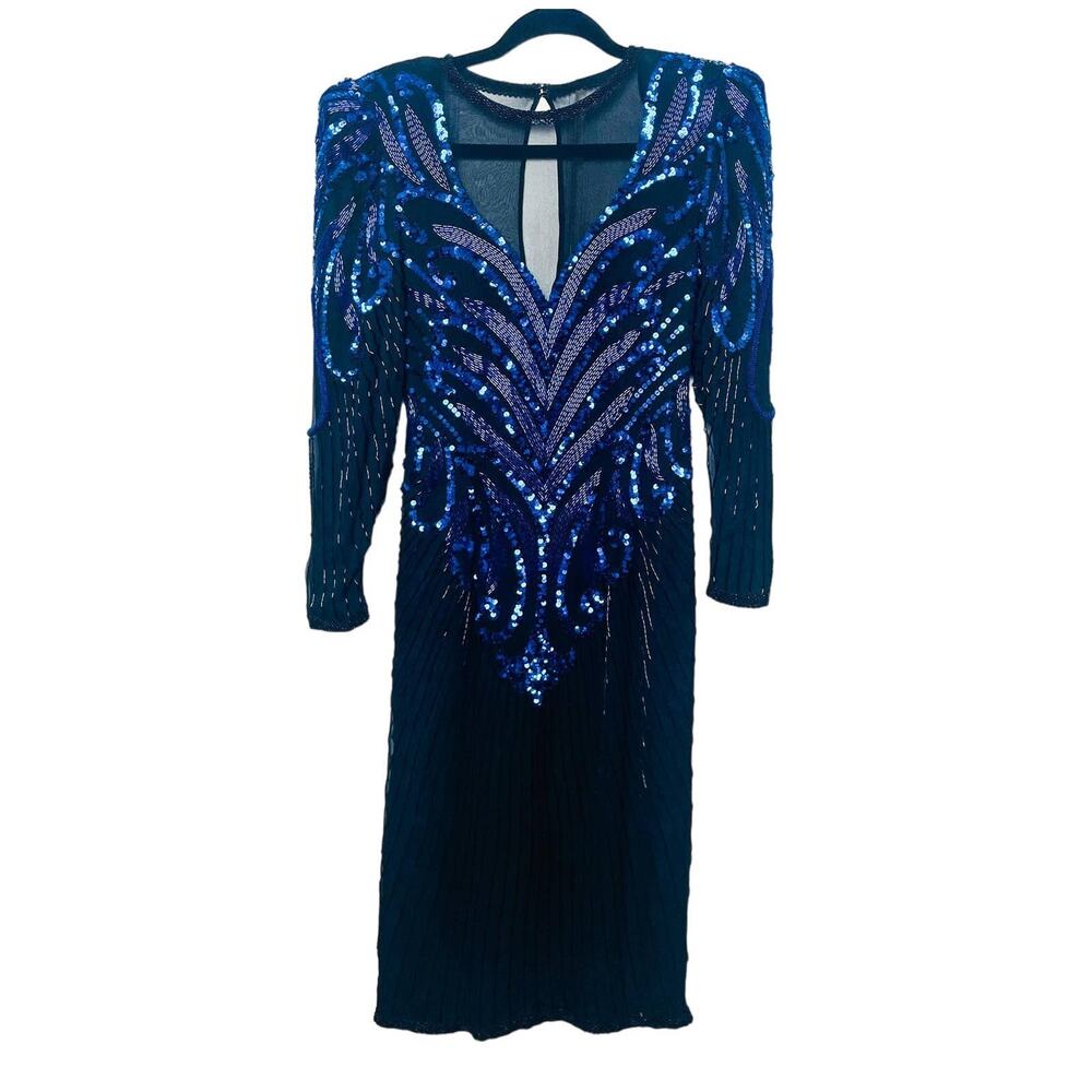 Vintage Beaded Sequin Dress Gown Cocktail Party New Years Eve 80s Retro 70s Glam